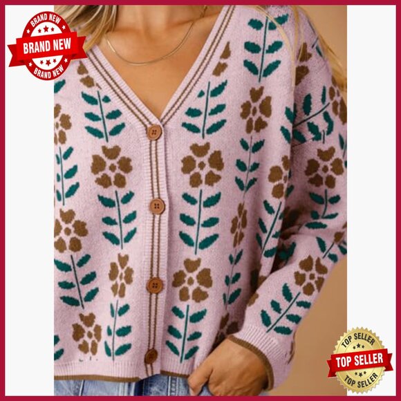 Floral Print V-Neck Cardigan Long Sleeve Loose Fit Button Front Sweater - Picture 4 of 7